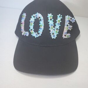 Black‎ Baseball Cap Hat LOVE Floral Sequins Beaded Embellished